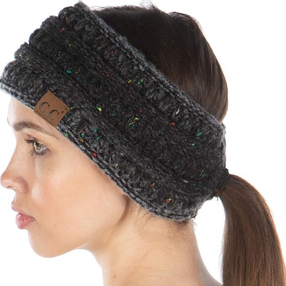 Accessories - Women's Fleece Lined Cable Knit Headband - Messy Bun Ear Warmer - Solid, Confett